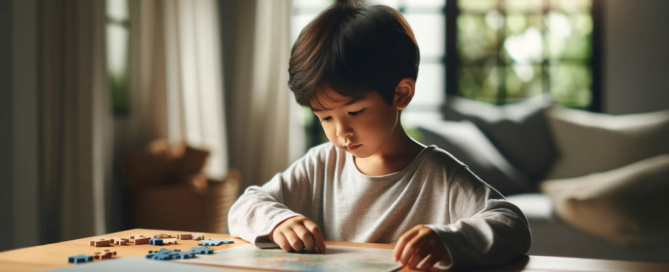 Fröhliches Kind im Grundschulalter, konzentriert am Tisch sitzend, mit natürlichem Licht und harmonischer Hintergrundgestaltung.